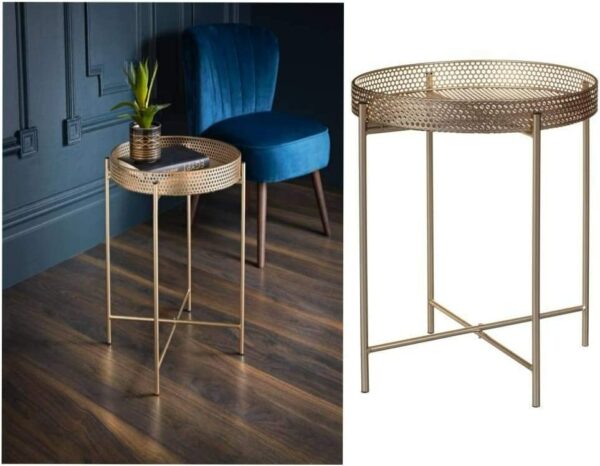 Round Side Table Gold End Table, Metal Tray Snack Table Coffee Tea Table Nightstand Sofa Table for Living Room Bedroom Balcony Patio, Living Room