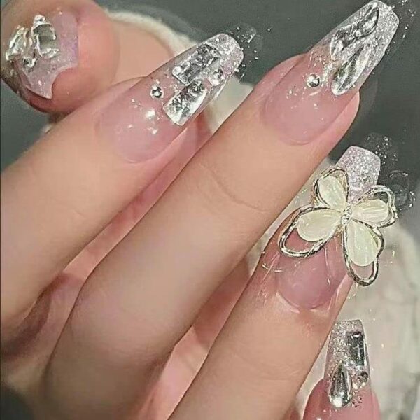 False Nails Medium Length, Acrylic French Stick on Nails, 24pcs Almond Pink Press On Nails with Glue Elegant Ballet Heart Design Sweet Fake Nails