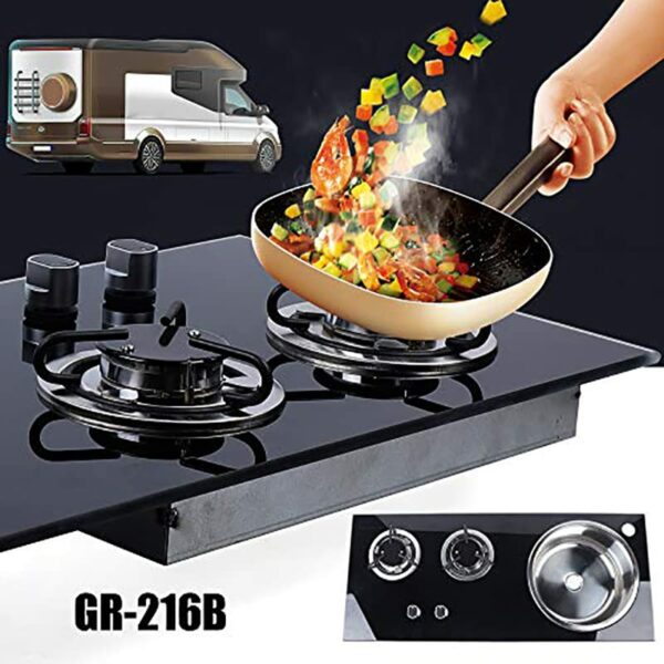 RV Gas Stove Cooker, 2 Burners Gas Stove Hob and Sink Combo High Gas Cooktop Gas Stove Cooker, for RV Caravan, Camping, Boating Bar Hand Sink