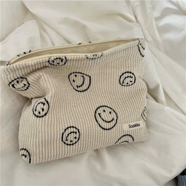 Smiley Face Makeup Bag, Aesthetic Preppy Make up Bag, Corduroy Cosmetic Bag for Purse, Cute Smile Dots Makeup Pouch with Zipper for Women Toiletr