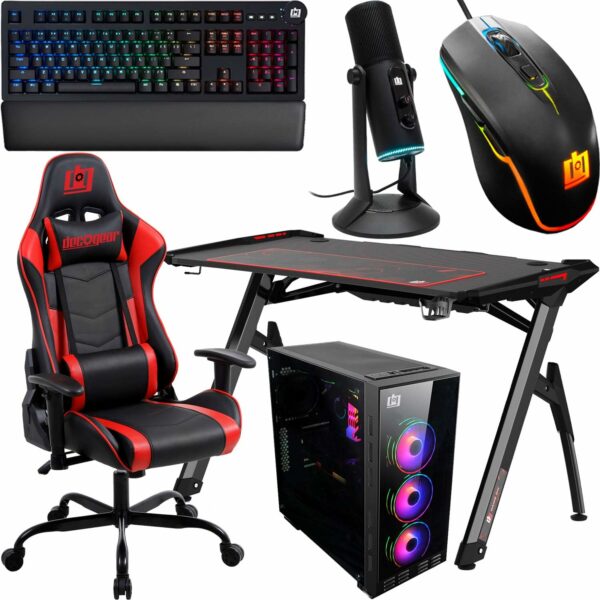 Deco Gear PC Gaming Starter Pack Includes LED Gaming Desk Gaming Chair MidTower Tempered Glass PC Case Cherry Red Mechanical Keyboard Streaming and