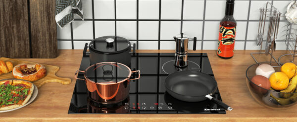 Karinear Plug in Induction Hob, 4 Zones Electric Hob 60cm, with Touch Control & Child Safety Lock, Black Crystal Glass